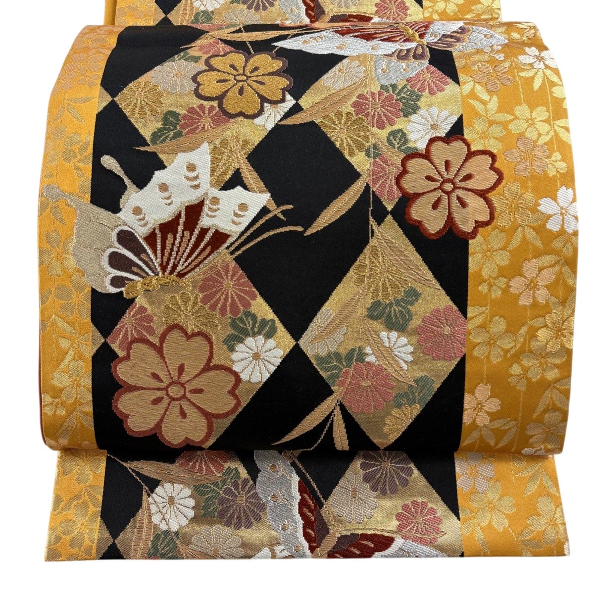 美品】 袋帯 秀品 桜 蝶 唐織 金糸 ピンク 六通 正絹｜中古・古着