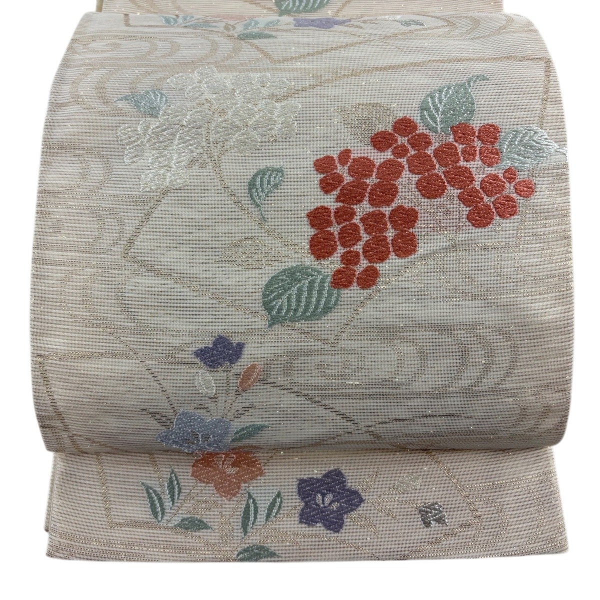 袋帯 秀品 夏帯 絽 紫陽花 扇面 箔 銀糸 ベージュ 六通 正絹｜中古