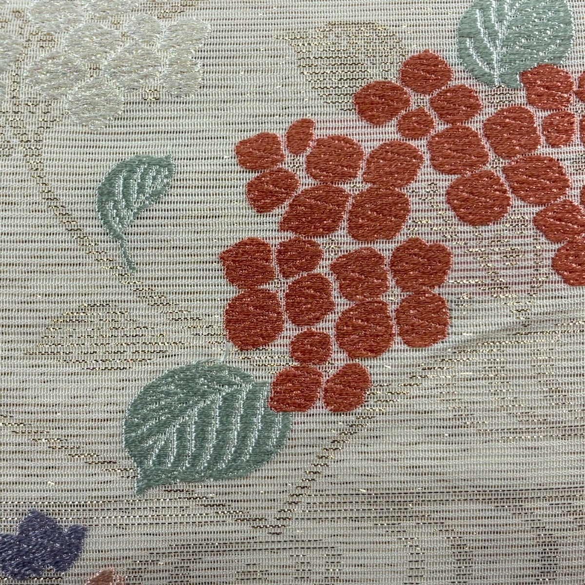 袋帯 秀品 夏帯 絽 紫陽花 扇面 箔 銀糸 ベージュ 六通 正絹｜中古