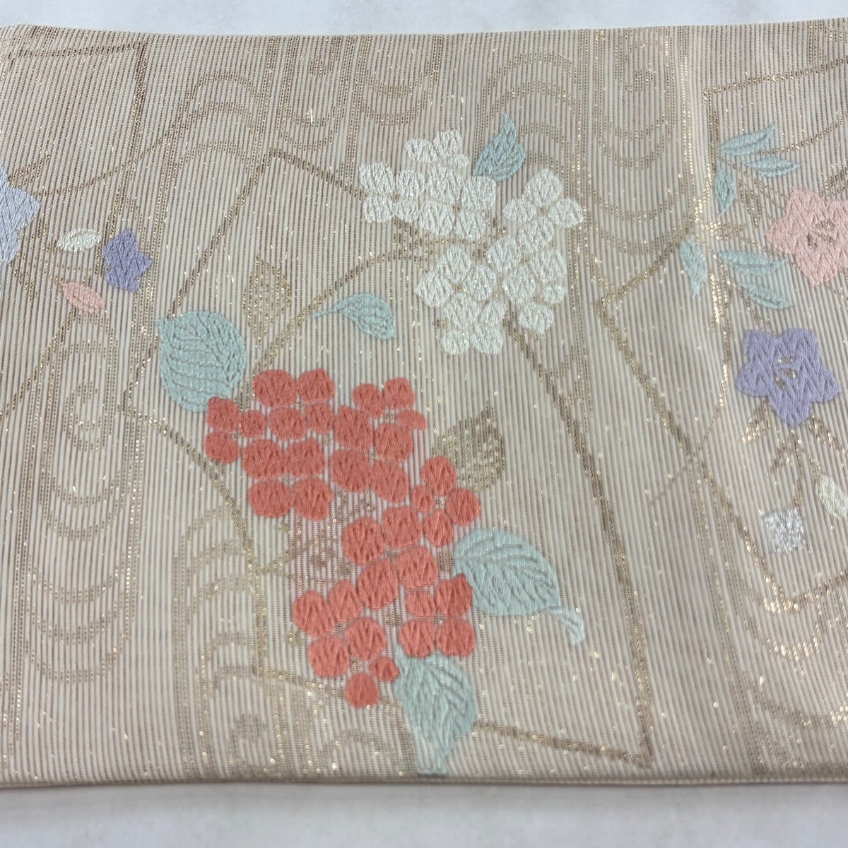 袋帯 秀品 夏帯 絽 紫陽花 扇面 箔 銀糸 ベージュ 六通 正絹｜中古