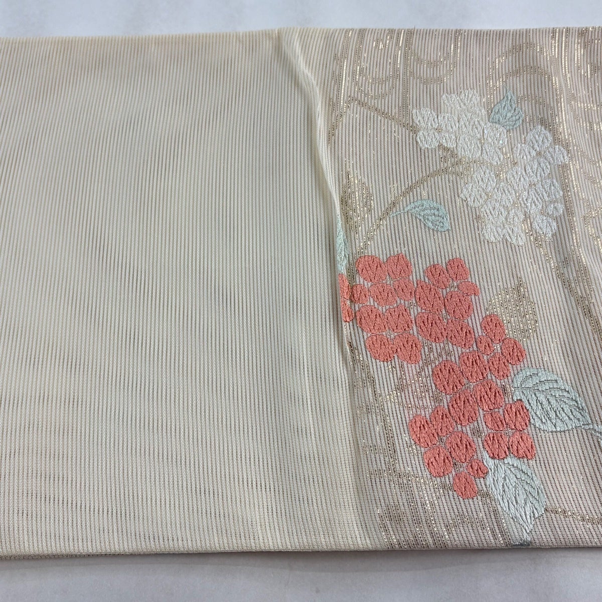 袋帯 秀品 夏帯 絽 紫陽花 扇面 箔 銀糸 ベージュ 六通 正絹｜中古