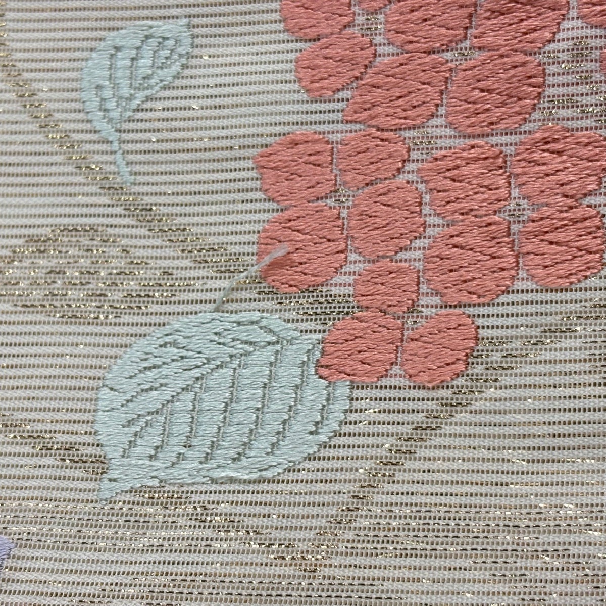 袋帯 秀品 夏帯 絽 紫陽花 扇面 箔 銀糸 ベージュ 六通 正絹｜中古
