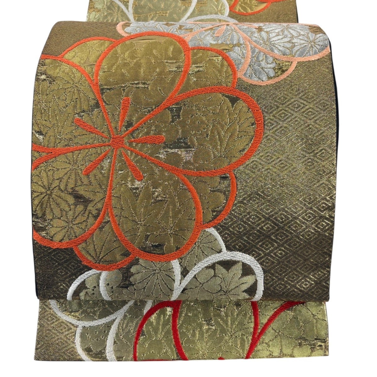 袋帯 秀品 川島織物 落款あり 関西仕立て 巻物 草花 金銀糸 箔 金色 六