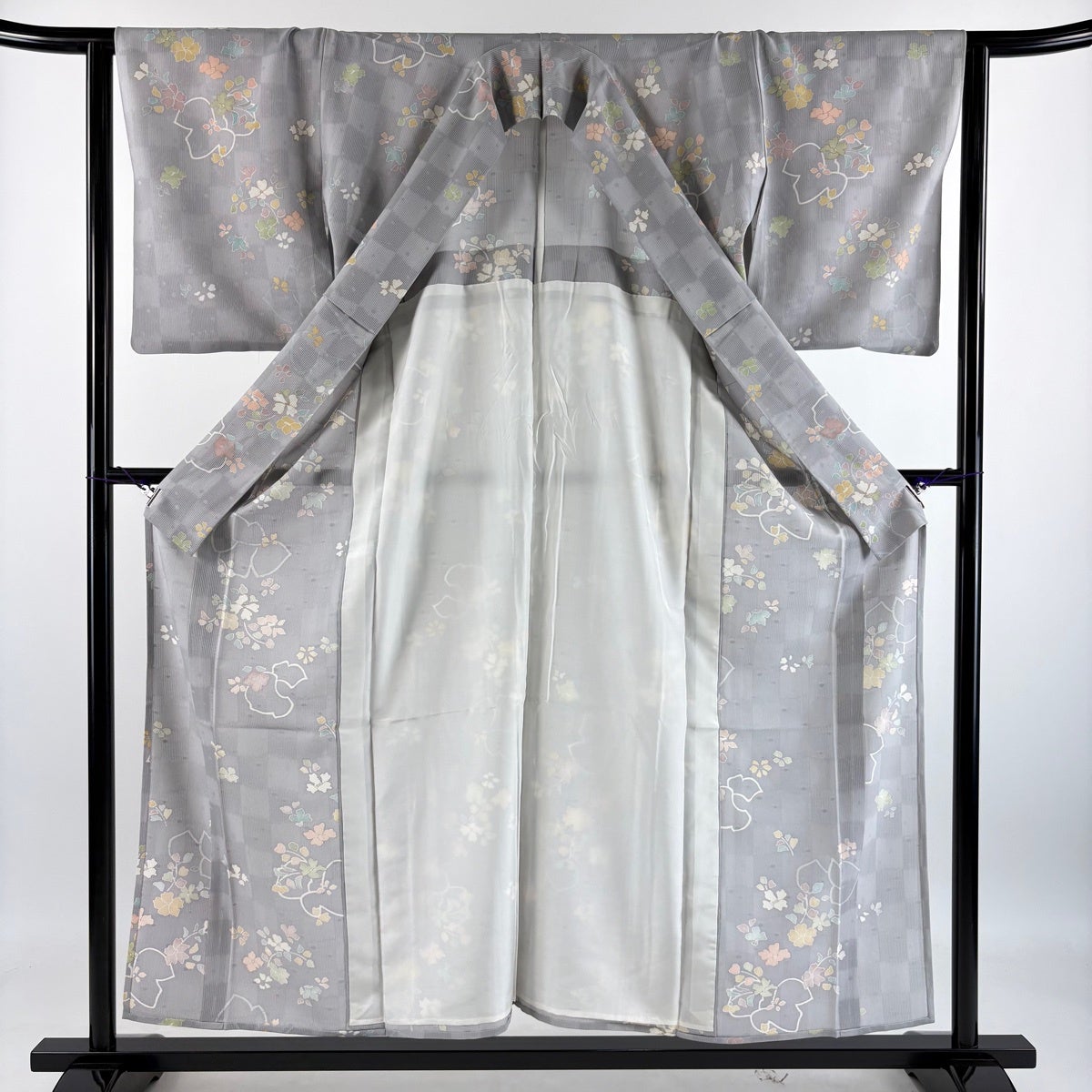小紋 身丈156cm 裄丈64cm M 薄物 草花 市松 金彩 灰色 正絹 名品｜中古