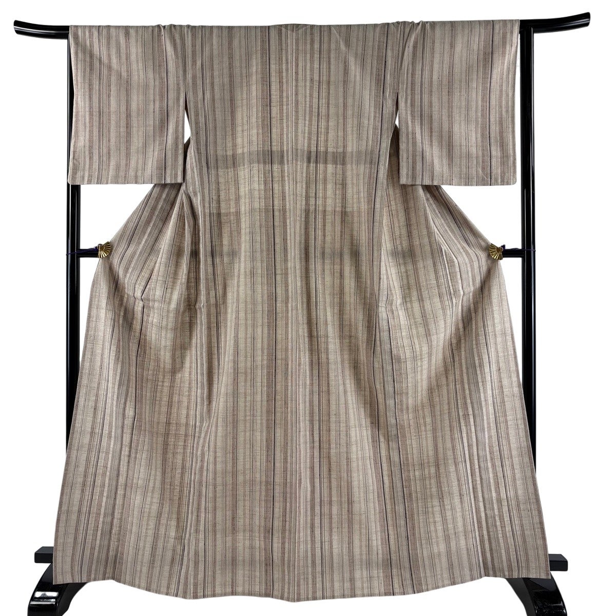美品】 紬 身丈154.5cm 裄丈63.5cm S 単衣 格子 幾何学 薄茶色 正絹