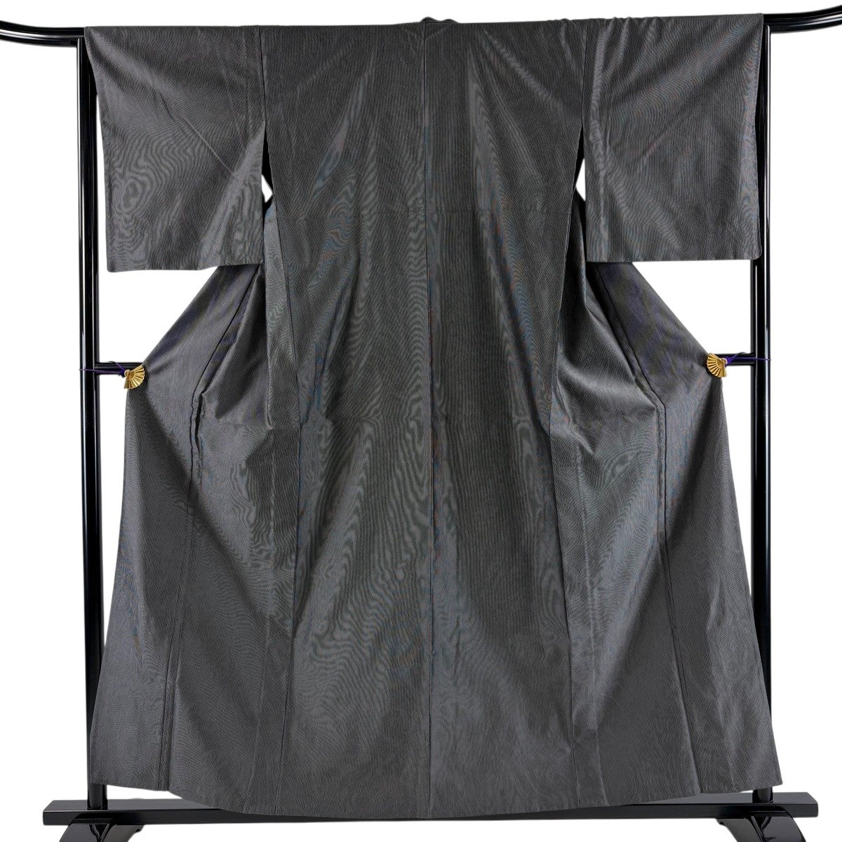 美品】 お召 身丈161cm 裄丈66cm M 単衣 草花 縞 灰緑 正絹 名品｜中古