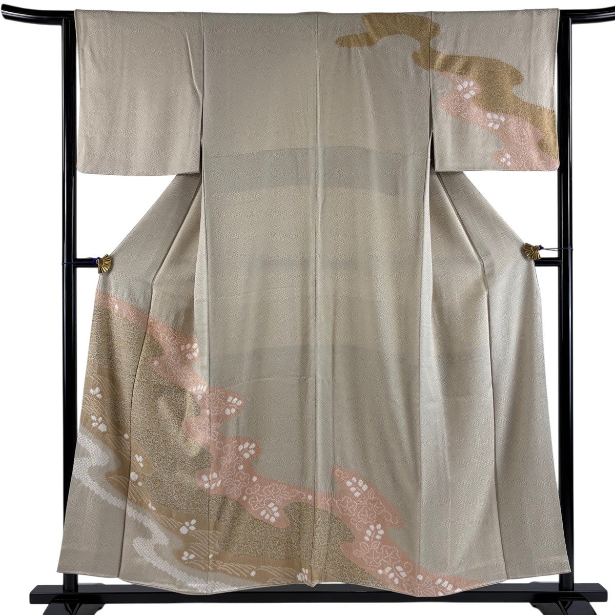 訪問着 身丈154cm 裄丈63.5cm S 袷 花唐草 波 絞り 金彩 ベージュ 正絹