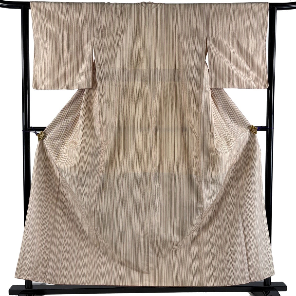 紬 身丈158cm 裄丈63cm S 袷 縞 ベージュ 正絹 秀品｜中古・古着