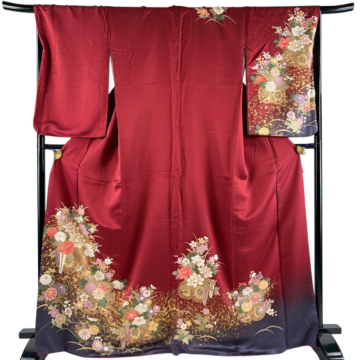 訪問着 身丈168.5cm 裄丈68.5cm L 袷 花車 牡丹 金彩 赤 正絹 秀品
