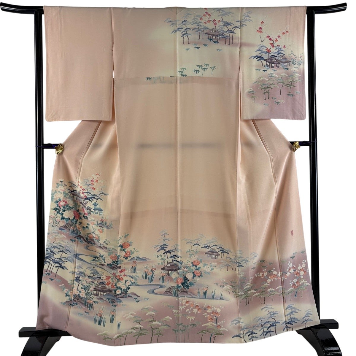 訪問着 身丈164.5cm 裄丈63.5cm S 袷 草花 霞 ぼかし 薄黄土色 正絹 秀