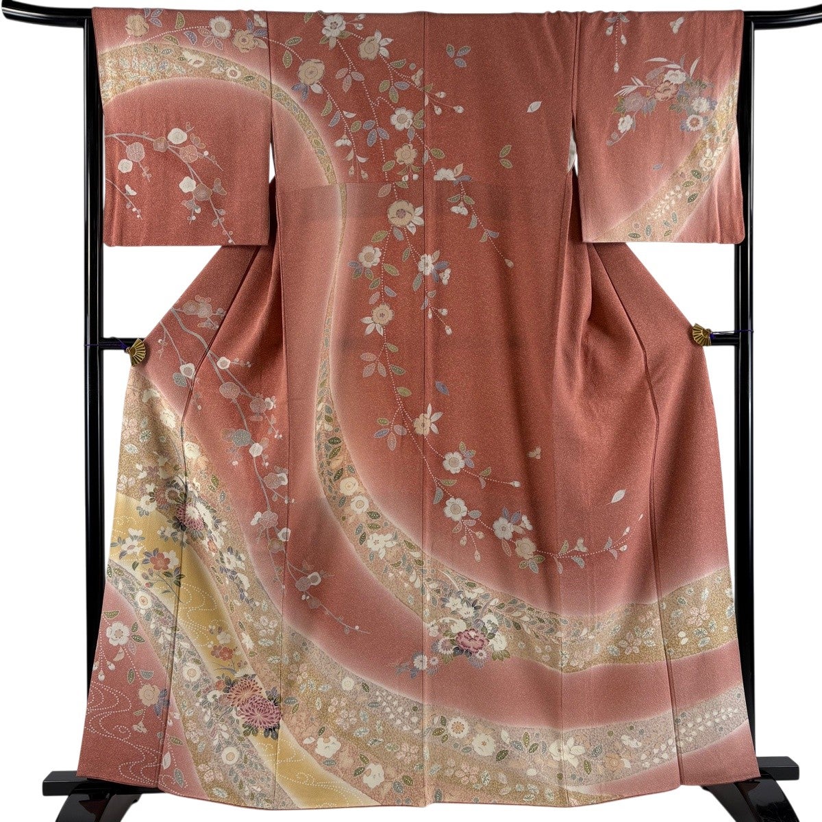 美品】 訪問着 身丈161cm 裄丈65cm M 袷 草花 流水 金彩 ぼかし ピンク