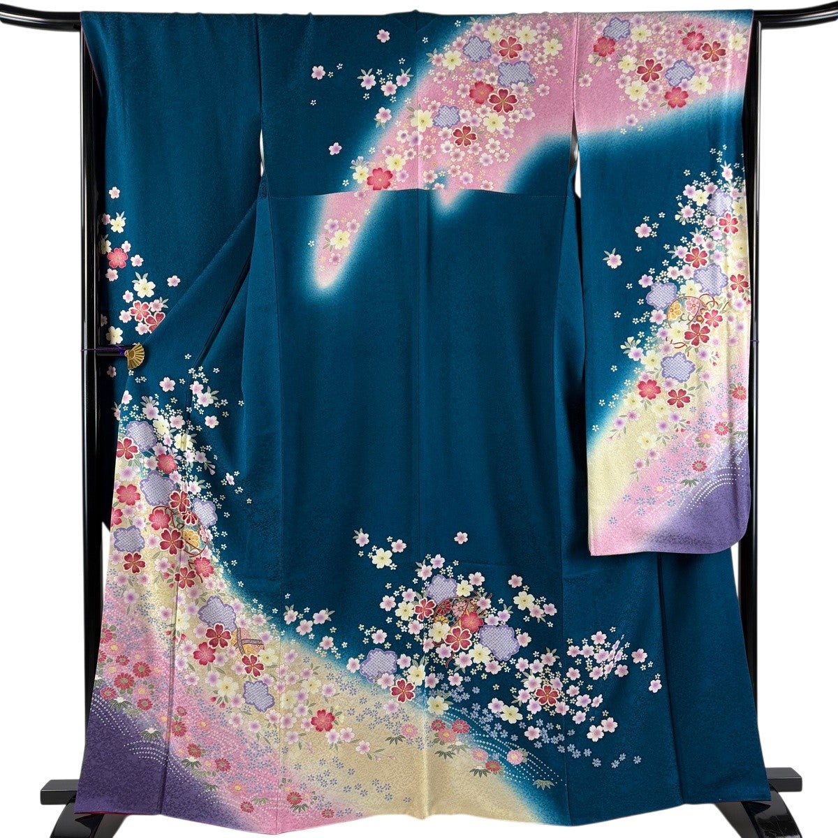 振袖 身丈163.5cm 裄丈66cm M 袷 桜 薬玉 金彩 染め分け 青緑 正絹 秀
