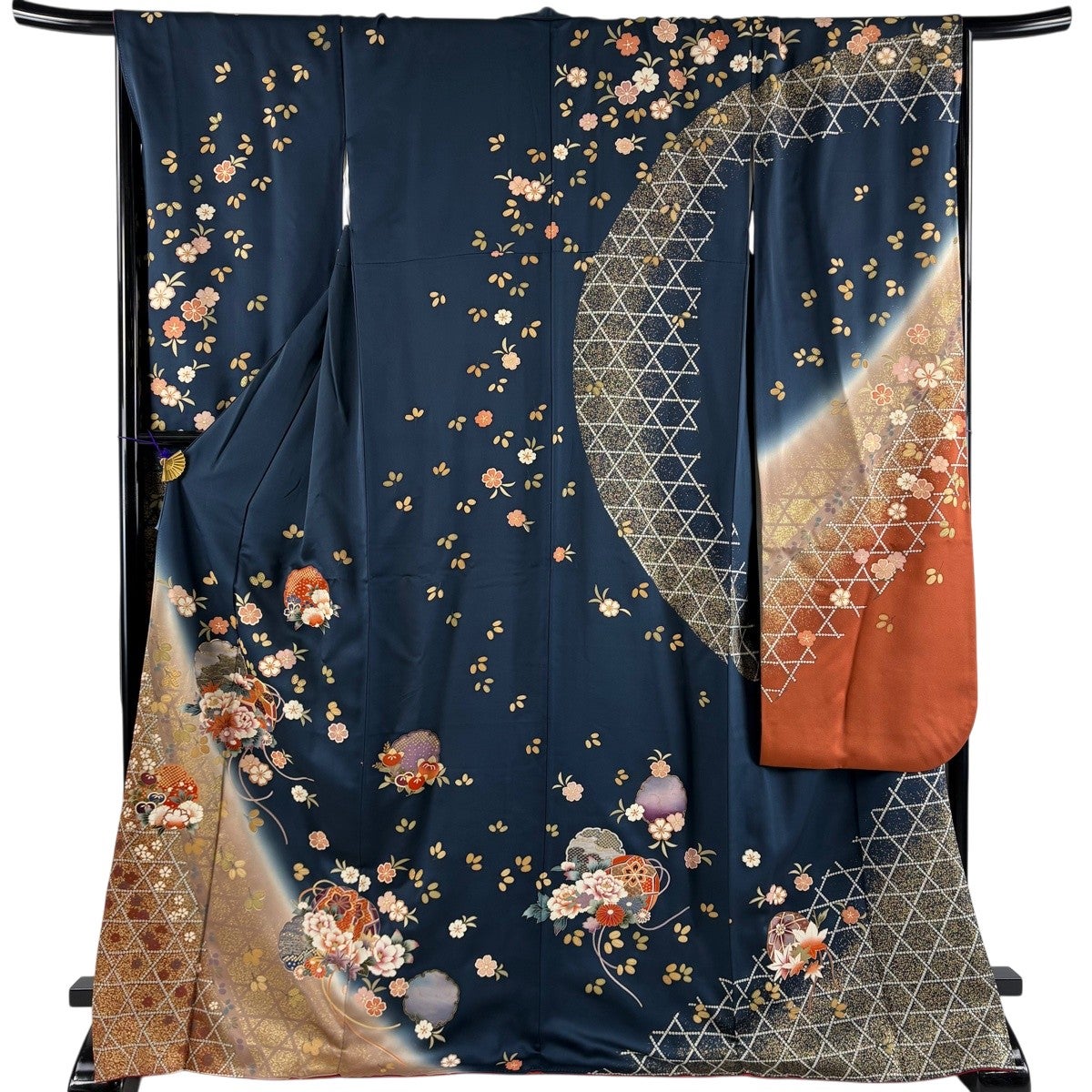 振袖 身丈171cm 裄丈69cm L 袷 手鞠 雪輪 金糸 金彩 紺色 正絹 秀品