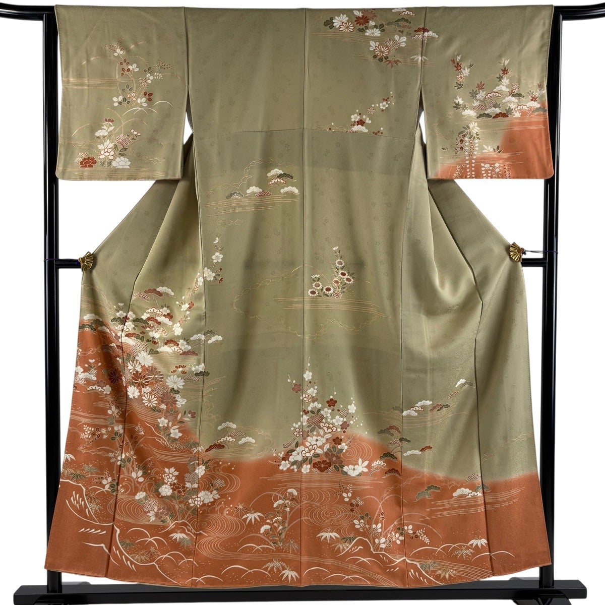 美品】 訪問着 身丈154cm 裄丈63.5cm S 袷 松竹梅 草花 金糸 金彩 灰緑