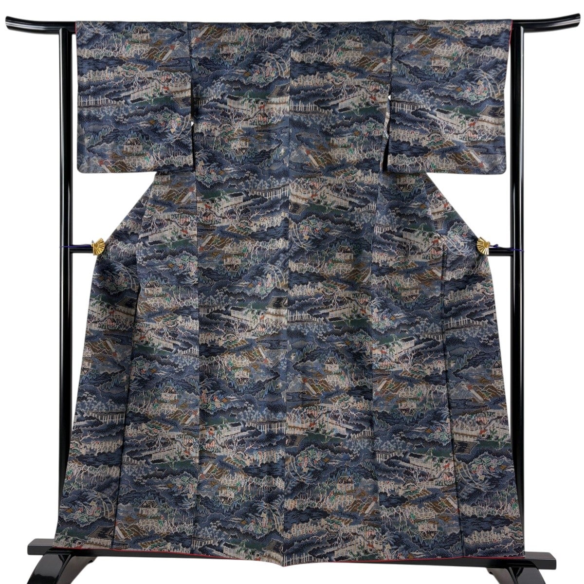 紬 身丈161cm 裄丈62cm S 袷 七宝 華文 紺色 正絹 優品｜中古・古着