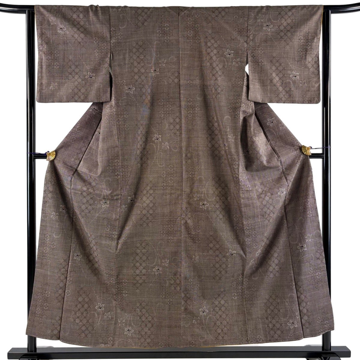 美品】 紬 身丈155cm 裄丈63.5cm S 袷 やまと 草花 斜格子 茶色 正絹