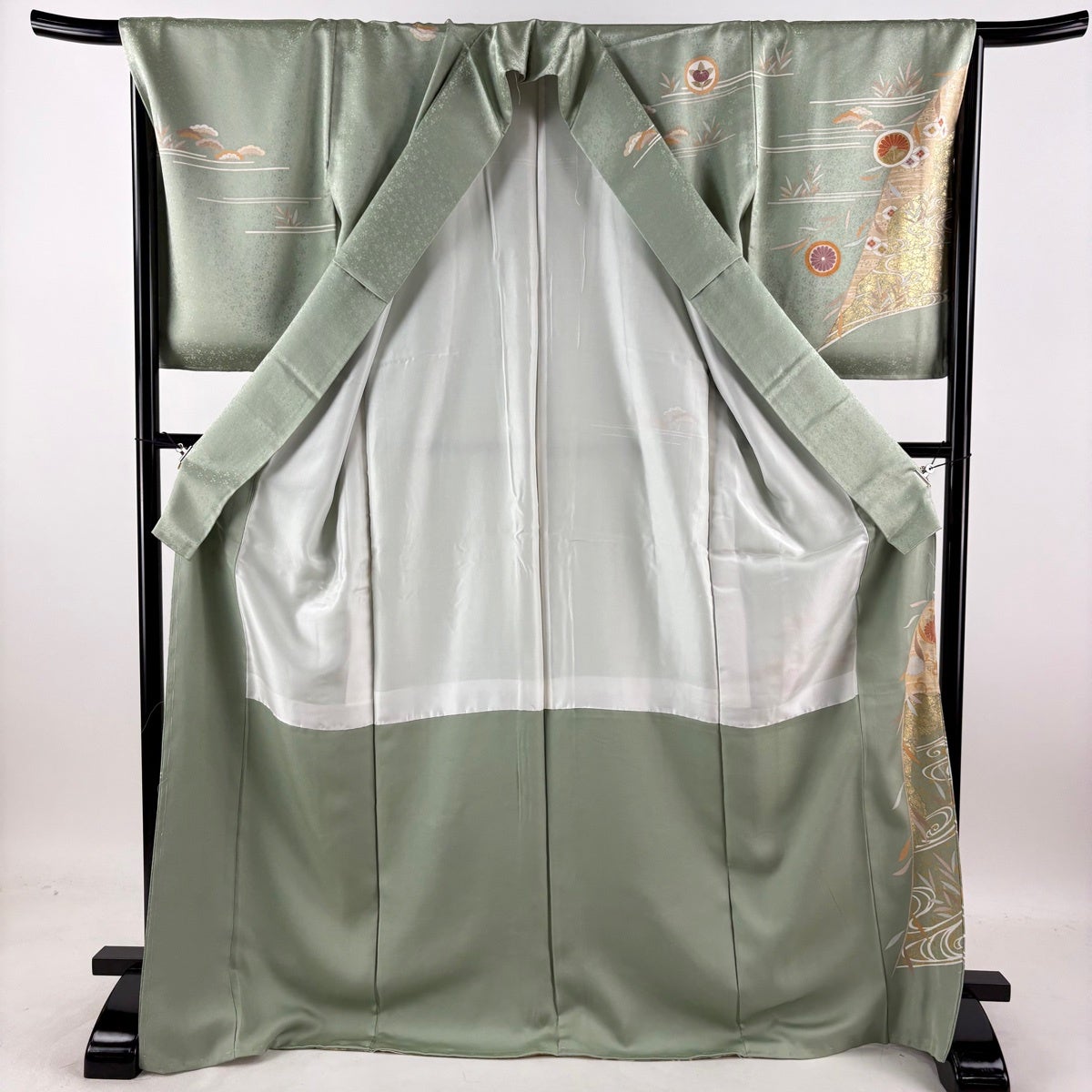 訪問着 身丈173cm 裄丈68cm L 袷 蝶 菊 金糸 金彩 薄緑 正絹 秀品