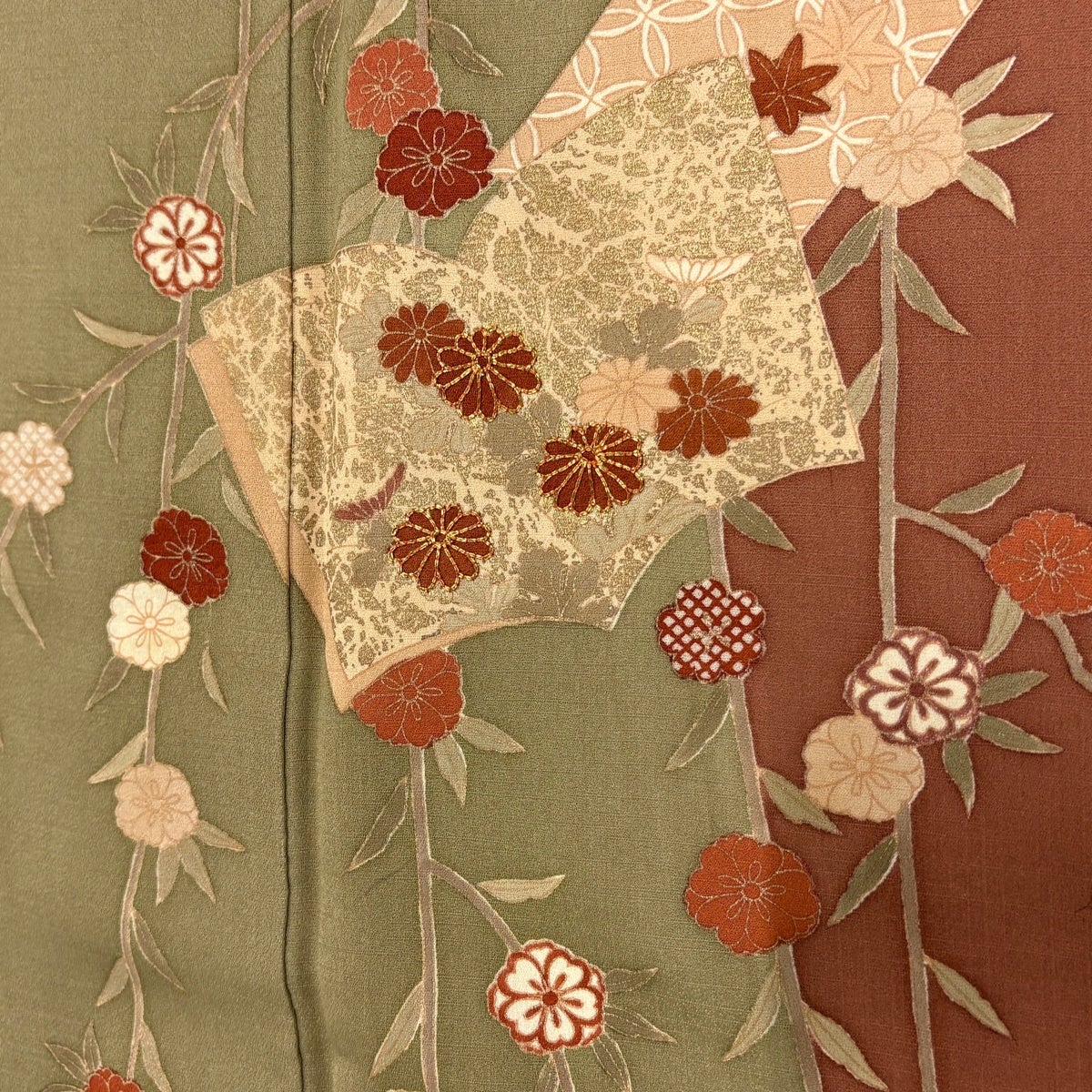 訪問着 身丈158.5cm 裄丈64.5cm M 袷 冊子 枝垂れ桜 金糸 金彩 鶯色