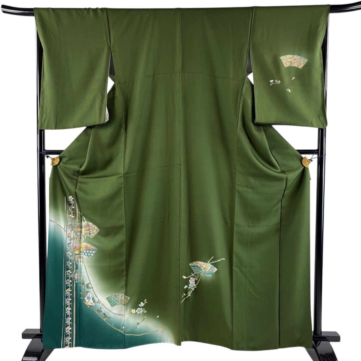 美品】 付下げ 身丈163.5cm 裄丈67cm M 袷 扇面 草花 螺鈿 金銀彩 茶