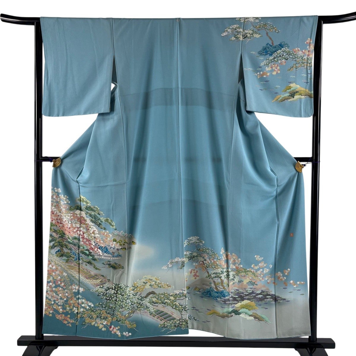 訪問着 身丈155cm 裄丈64.5cm M 袷 落款あり 松竹梅 風景 ぼかし 水色