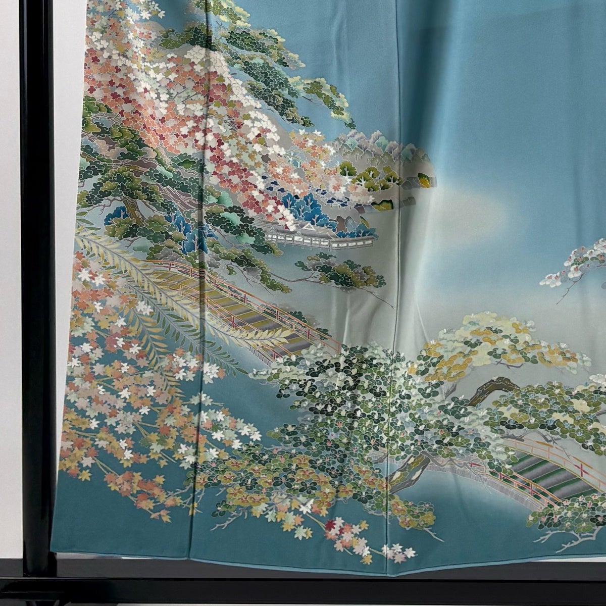 訪問着 身丈155cm 裄丈64.5cm M 袷 落款あり 松竹梅 風景 ぼかし 水色