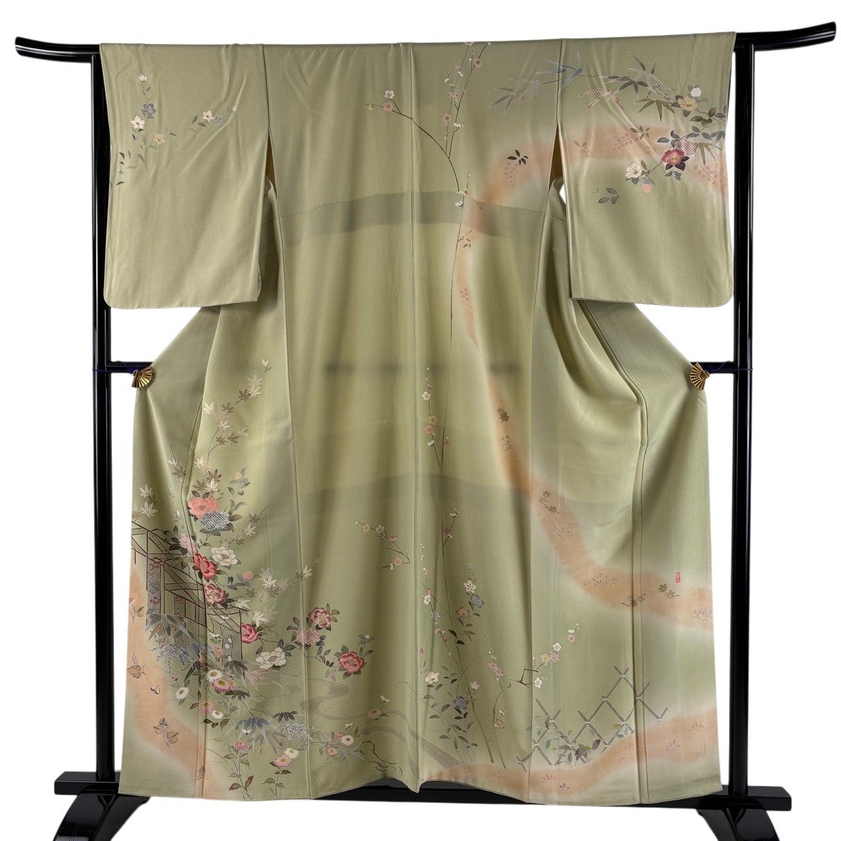 美品】 訪問着 身丈158cm 裄丈64cm M 袷 落款あり 草花 笹 金彩 ぼかし