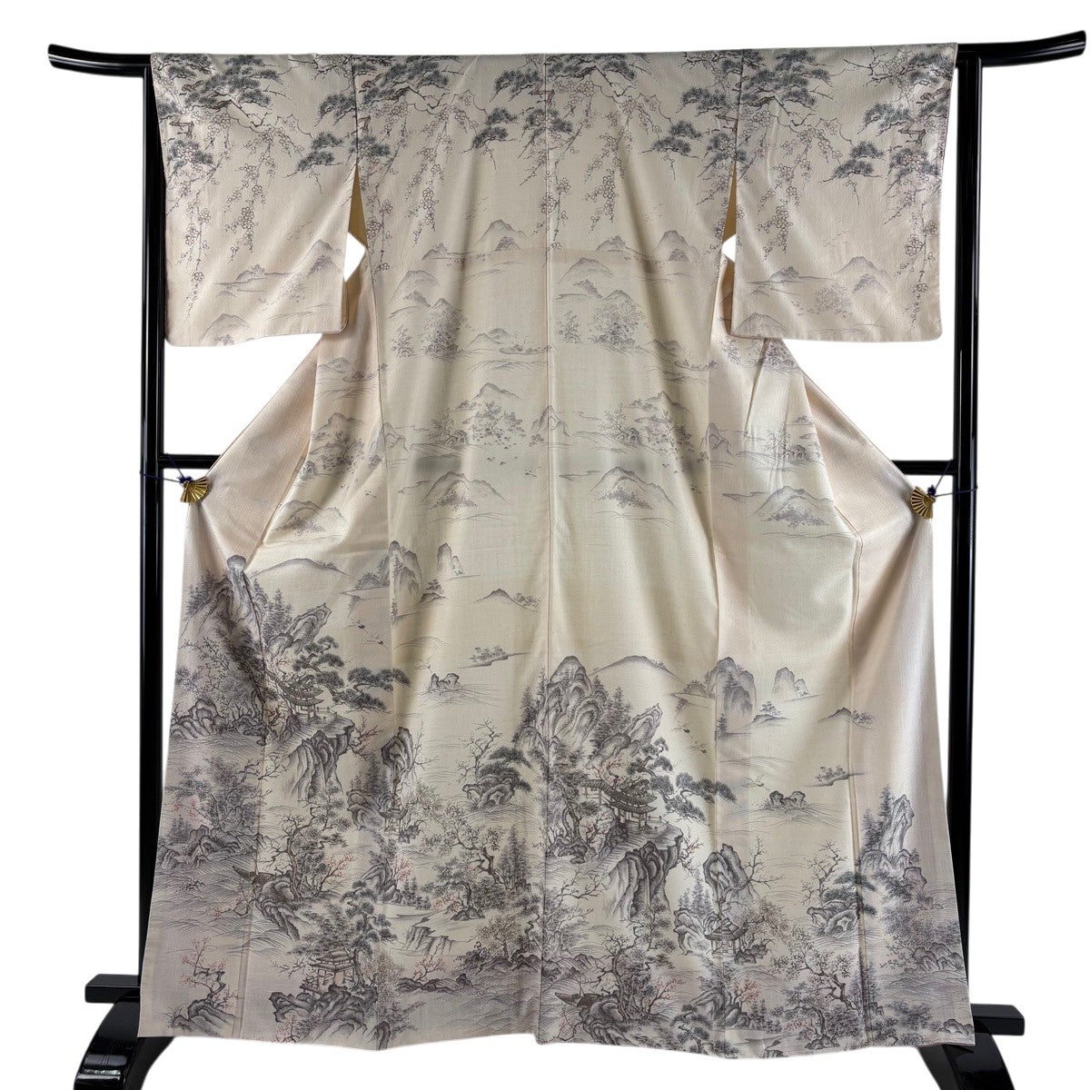 美品】 訪問着 身丈163.5cm 裄丈64.5cm M 袷 紬地 風景 建物 薄ピンク