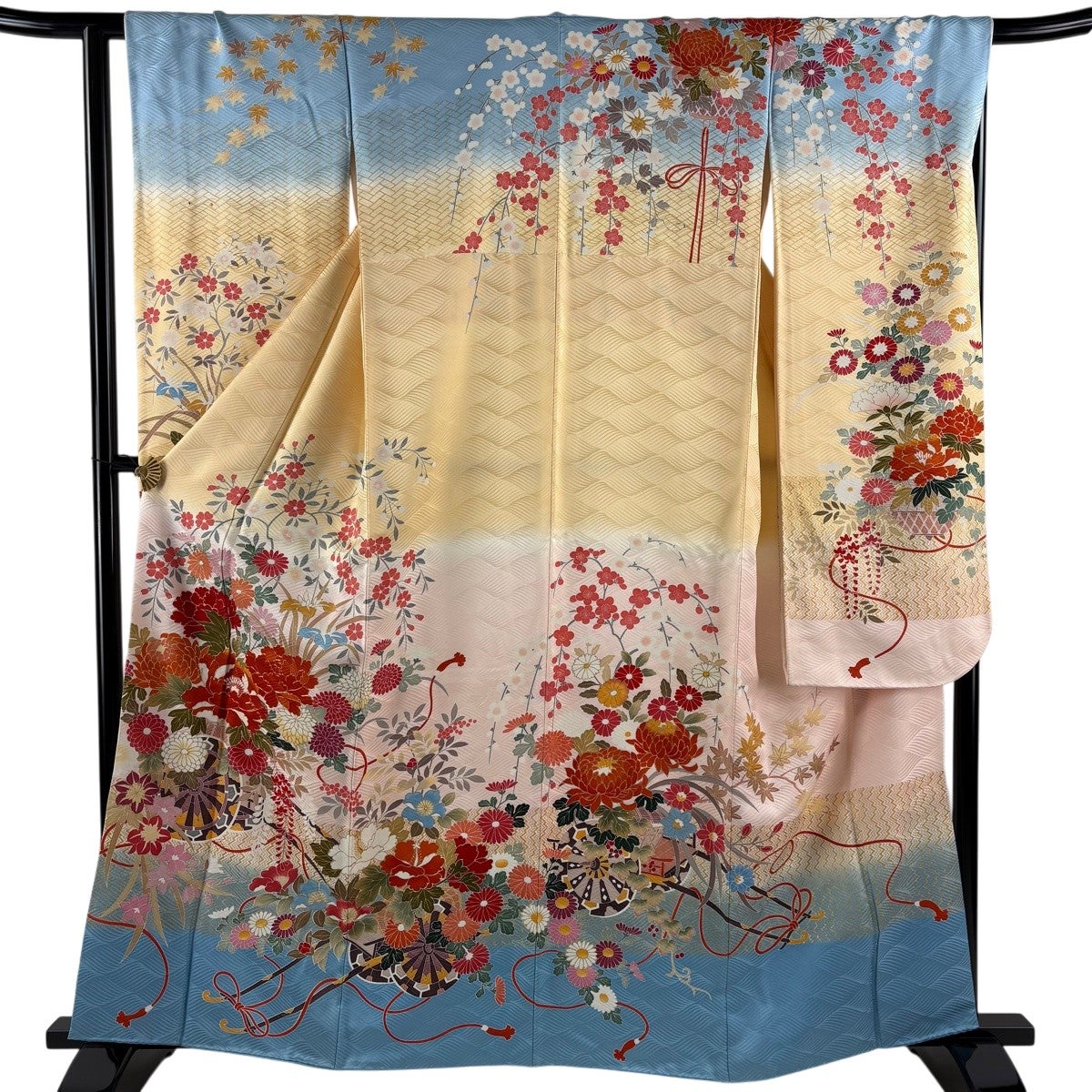 振袖 身丈162.5cm 裄丈65.5cm M 袷 花車 牡丹 金糸 金彩 水色 正絹 秀