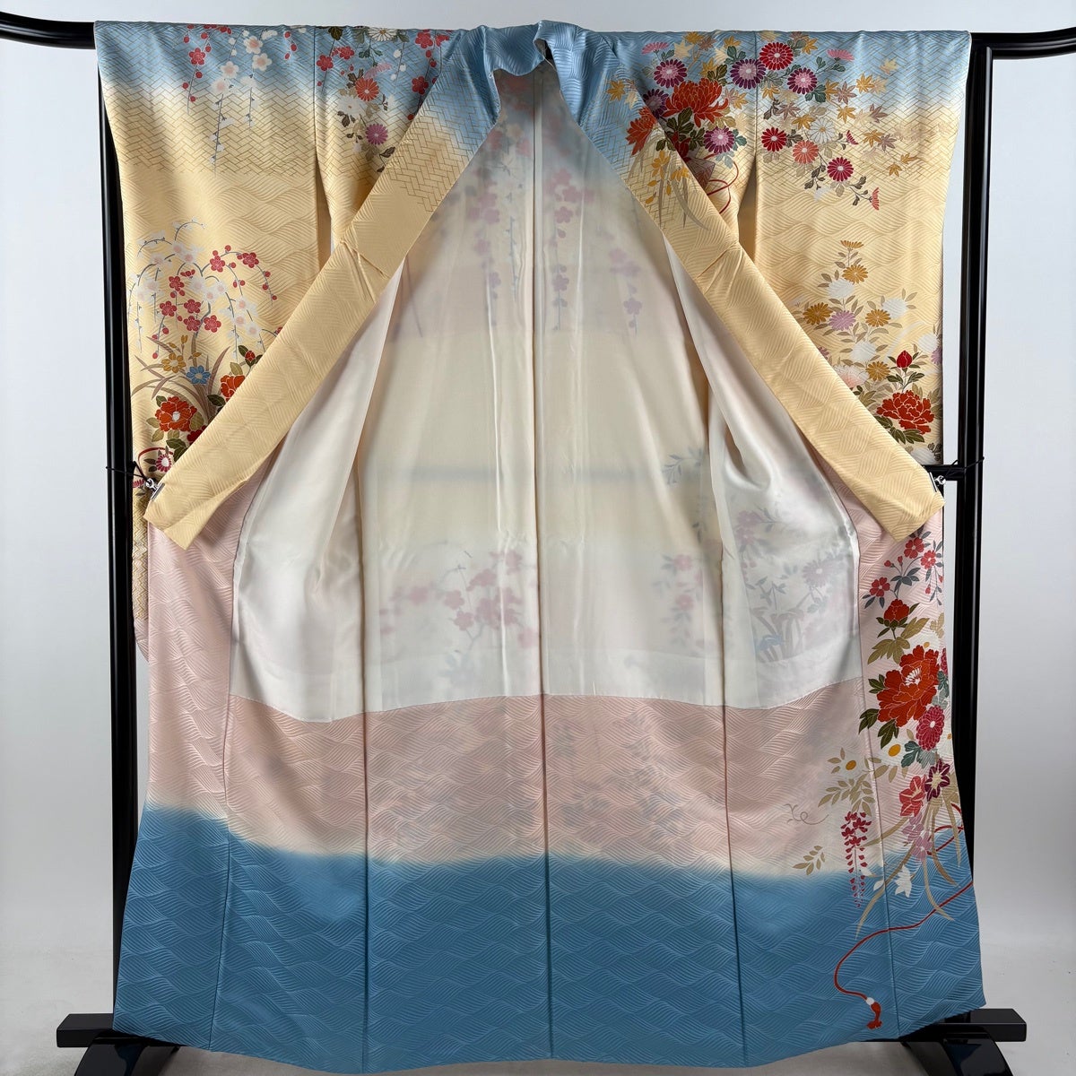 振袖 身丈162.5cm 裄丈65.5cm M 袷 花車 牡丹 金糸 金彩 水色 正絹 秀