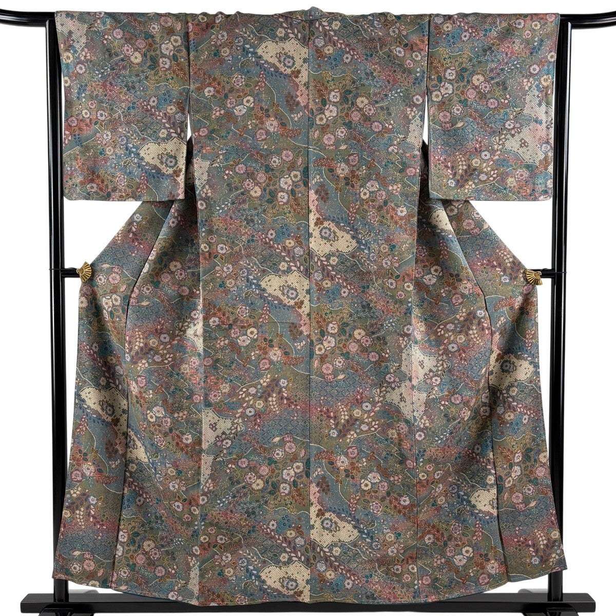 美品】 小紋 身丈161cm 裄丈66.5cm M 袷 幾何学 地紋 金彩 灰紫 正絹