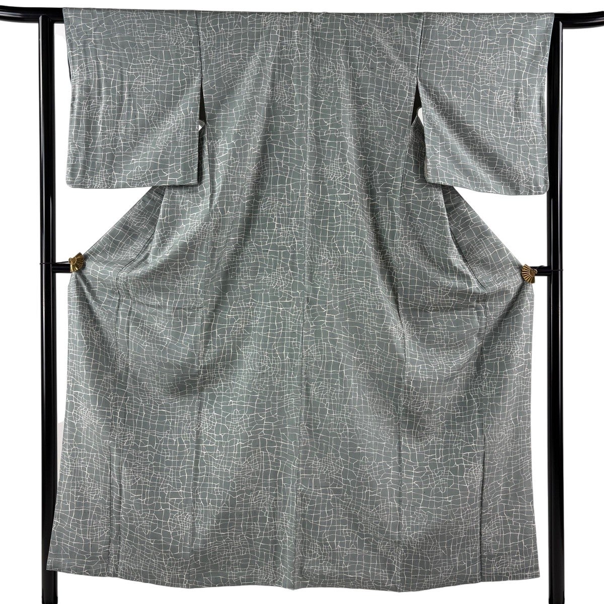 美品】 小紋 身丈155cm 裄丈63cm S 袷 紬地 幾何学模様 灰緑 正絹 秀品