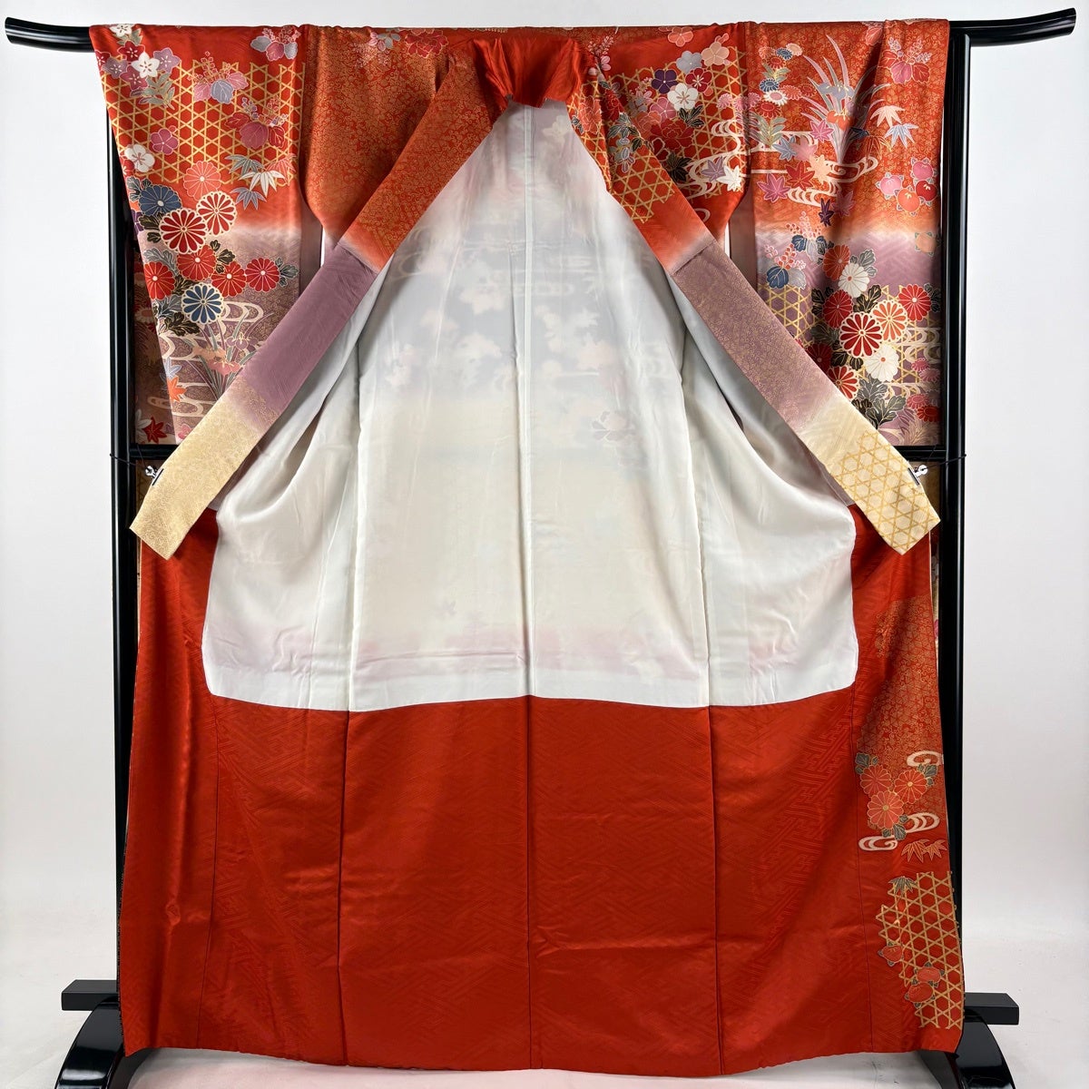 振袖 身丈168cm 裄丈68cm L 袷 菊 流水 金糸 金彩 朱色 正絹 秀品