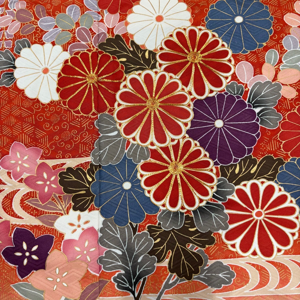 振袖 身丈168cm 裄丈68cm L 袷 菊 流水 金糸 金彩 朱色 正絹 秀品