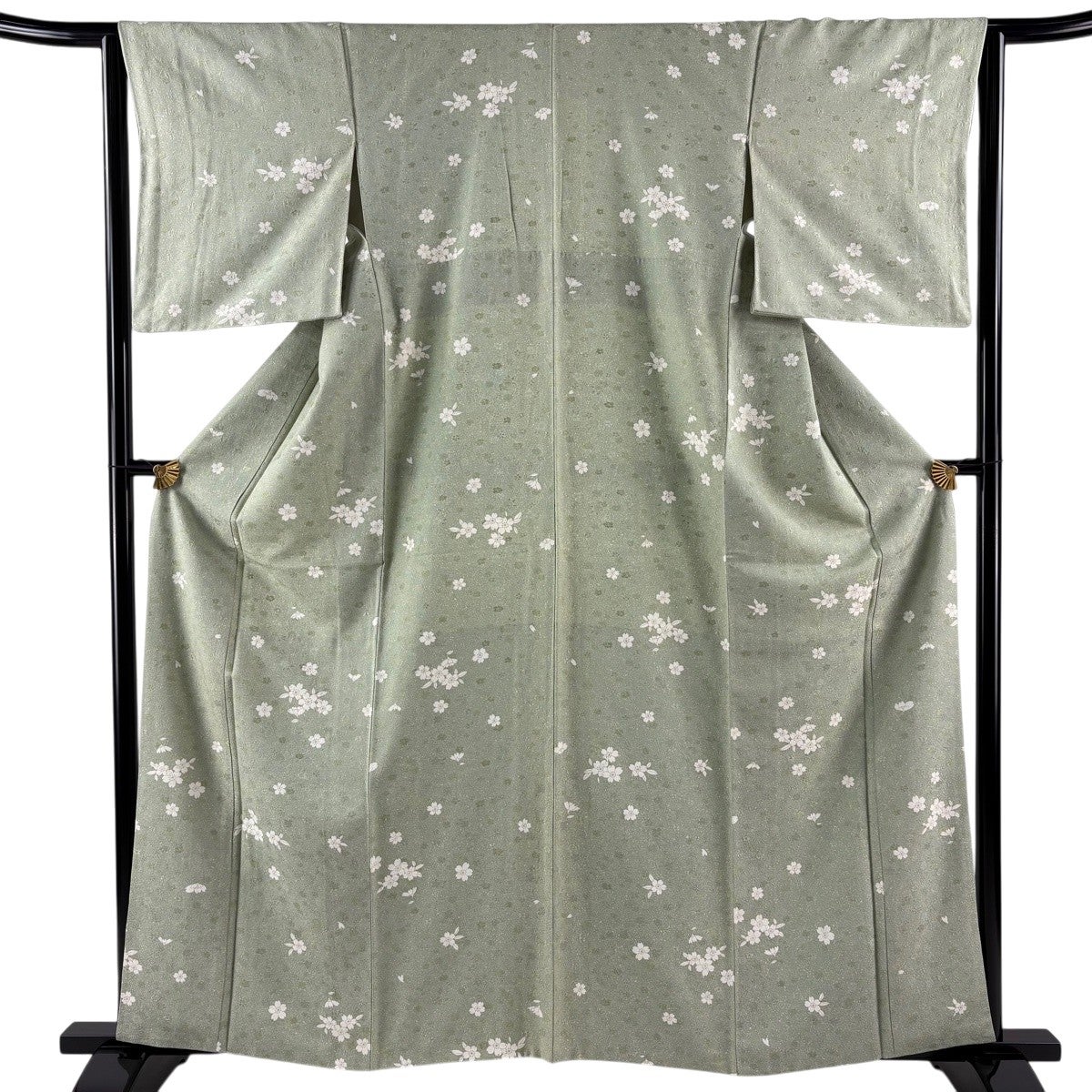 小紋 身丈161cm 裄丈64cm M 袷 桜 地紋 金彩 薄緑 正絹 秀品｜中古