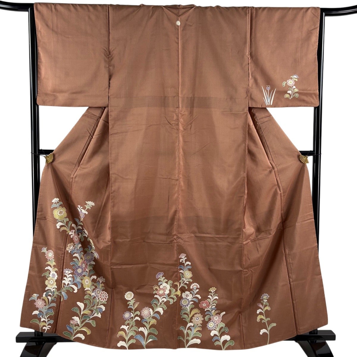 付下げ 身丈162cm 裄丈64.5cm M 袷 紬地 草花 金彩 茶色 正絹 秀品 一