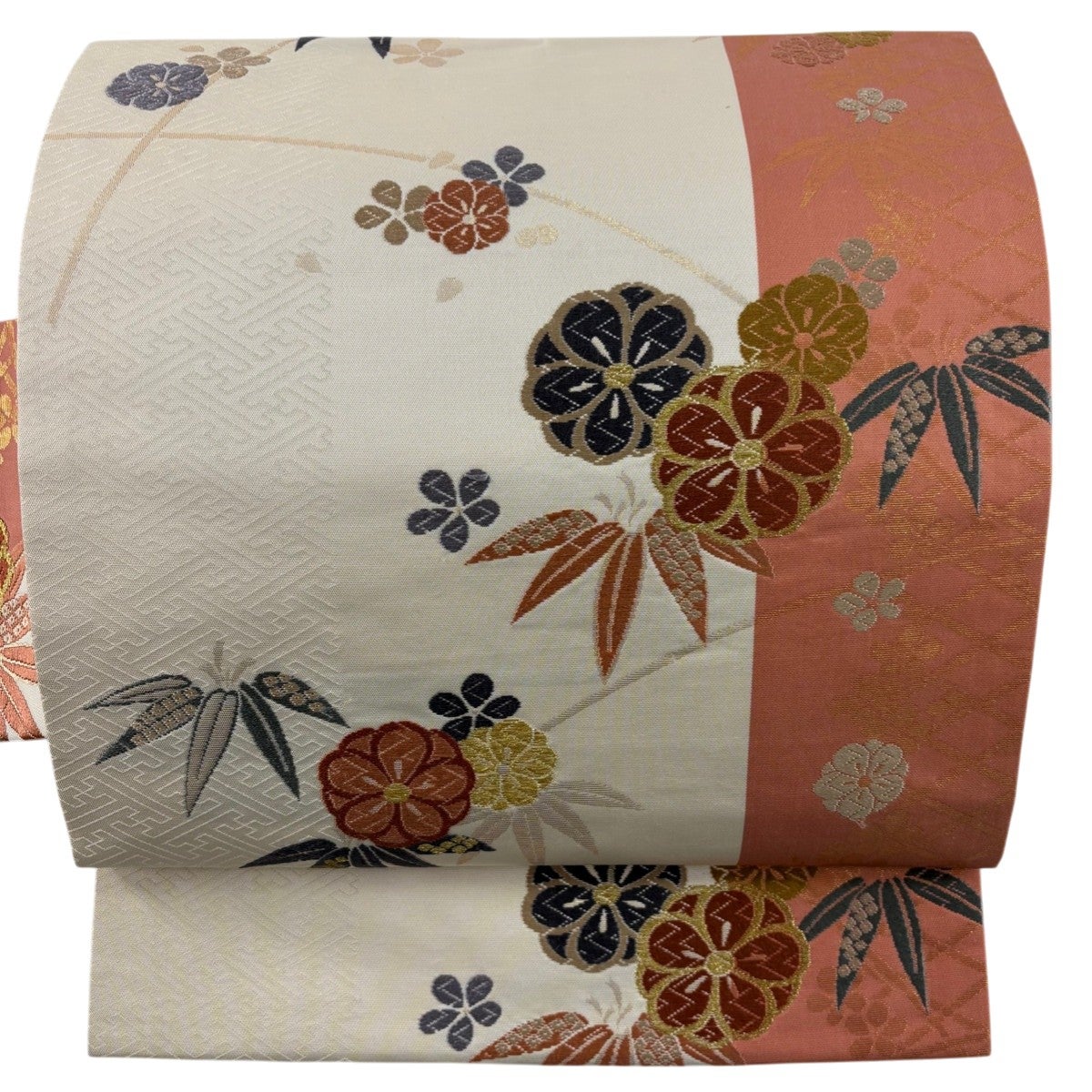名古屋帯 秀品 夏帯 絽 八寸名古屋帯 霞 花 金銀糸 ベージュ 正絹