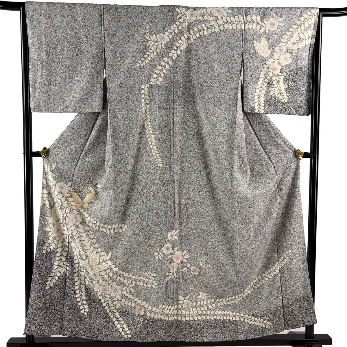 単衣　お召　裄65 未使用品　風景　花　樹林　白鼠色　正絹　美品　ひとえ【Ｈ２ 美品】 訪問着 身丈156cm 裄丈65.5cm M 袷 桜 蝶 金糸 金彩 灰色 正絹
