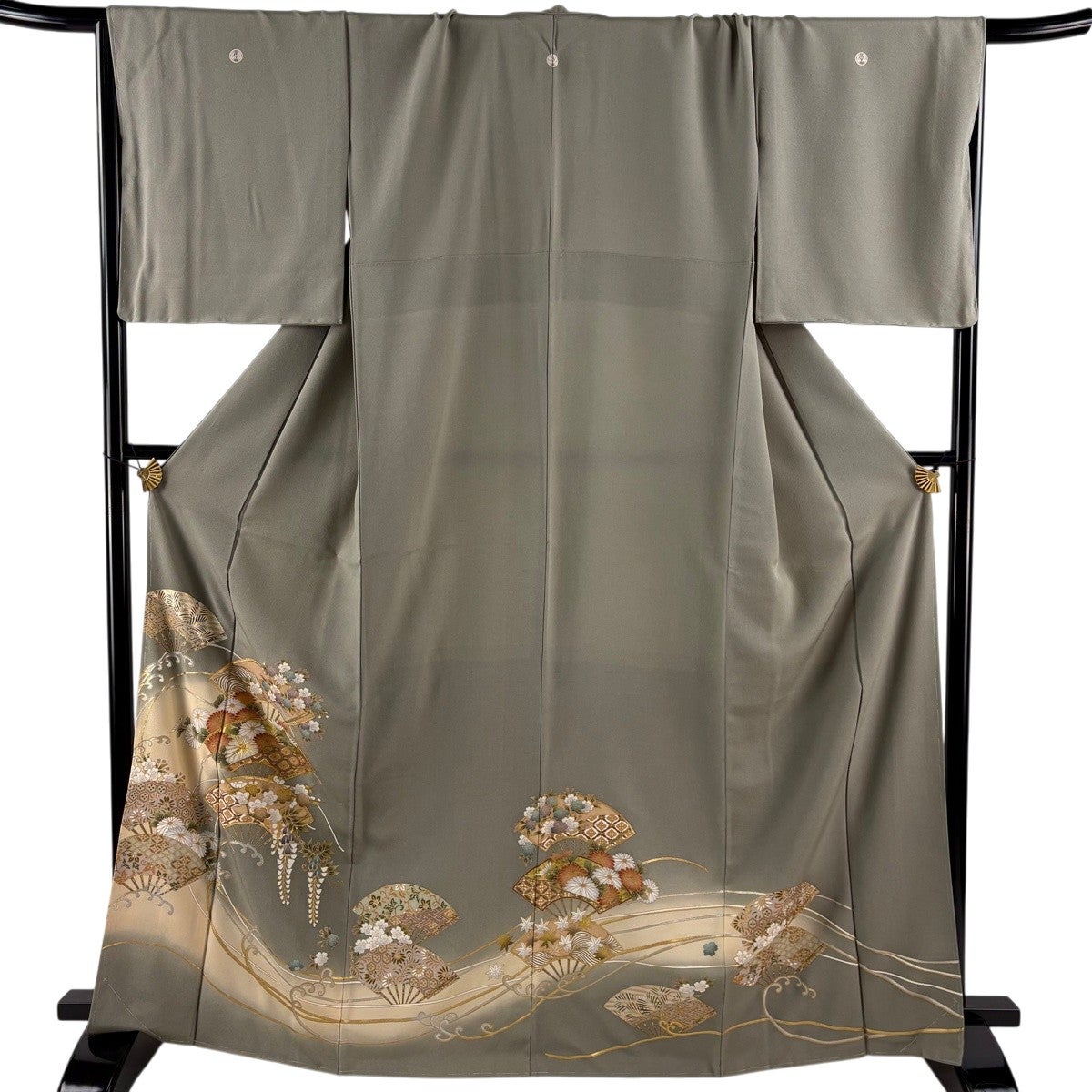 色留袖 身丈167cm 裄丈68.5cm L 袷 花扇 波 金糸 金彩 灰緑 正絹 秀品