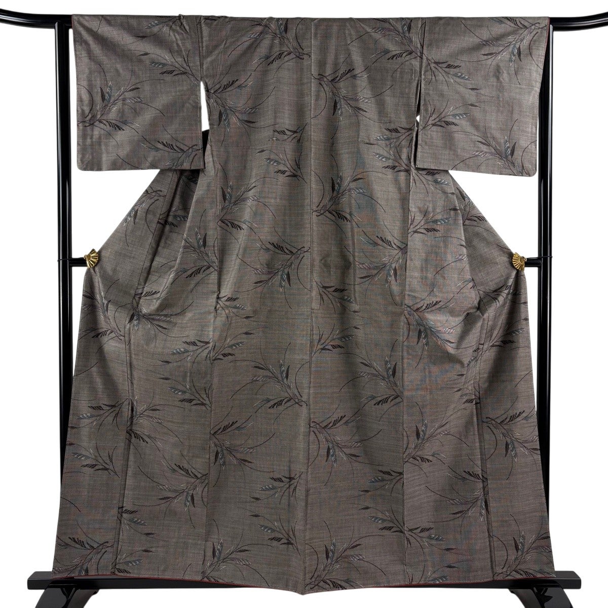 美品】紬 身丈160cm 裄丈63.5cm S 袷 葉柄 灰茶 正絹 秀品｜中古・古着