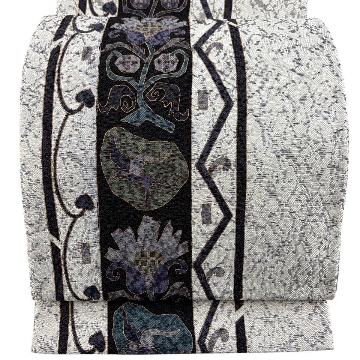 袋帯 美品 名品 草花 鳥 灰白 全通 正絹 【中古】 袋帯 美品 名品 K50