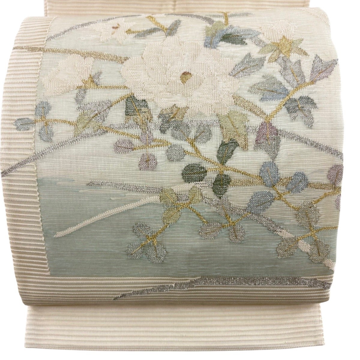 袋名古屋帯 秀品 夏帯 枝花 ススキ 金銀糸 薄緑 正絹 【中古】 【公式