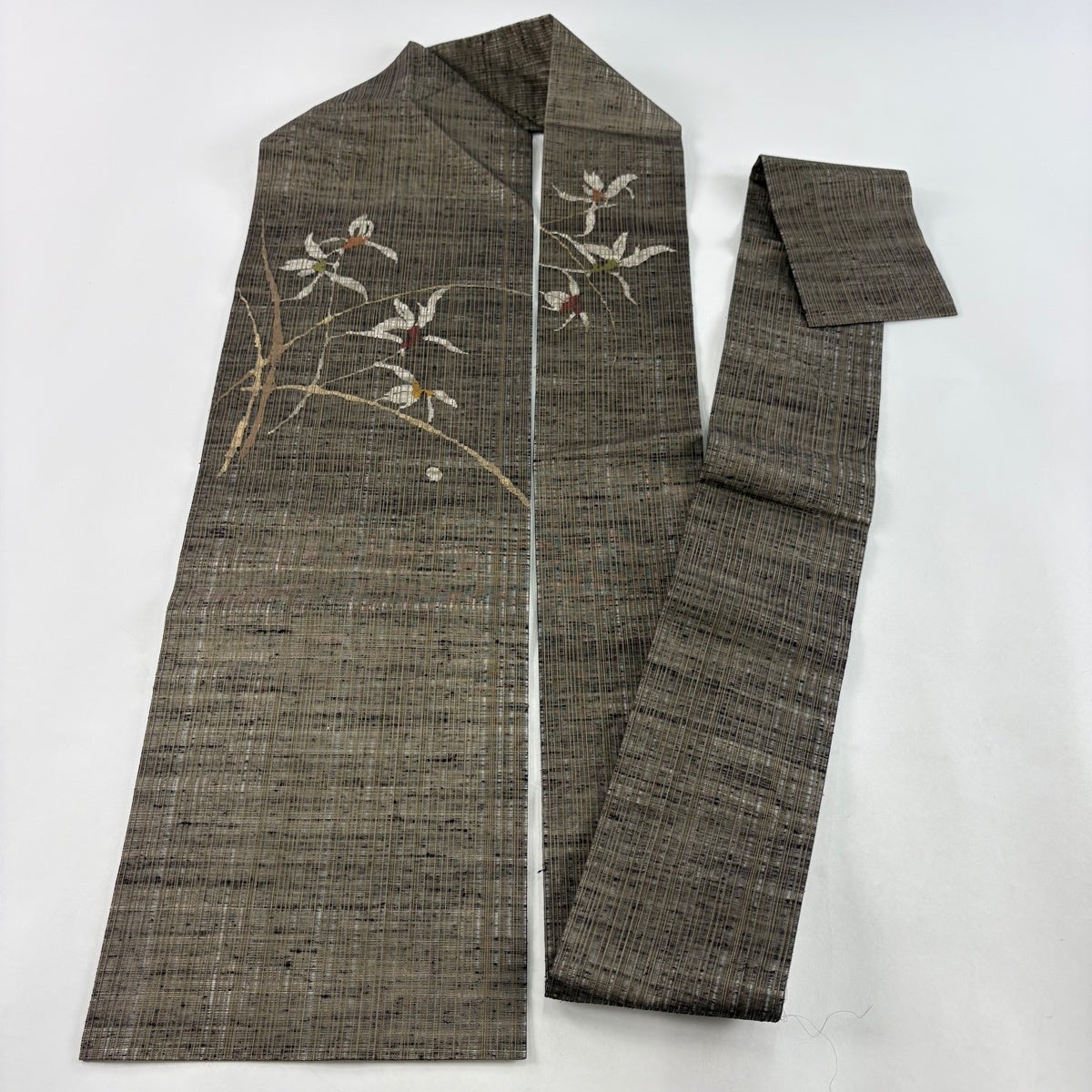 名古屋帯 秀品 夏帯 枝花 茶緑色 正絹｜中古・古着・リサイクル着物