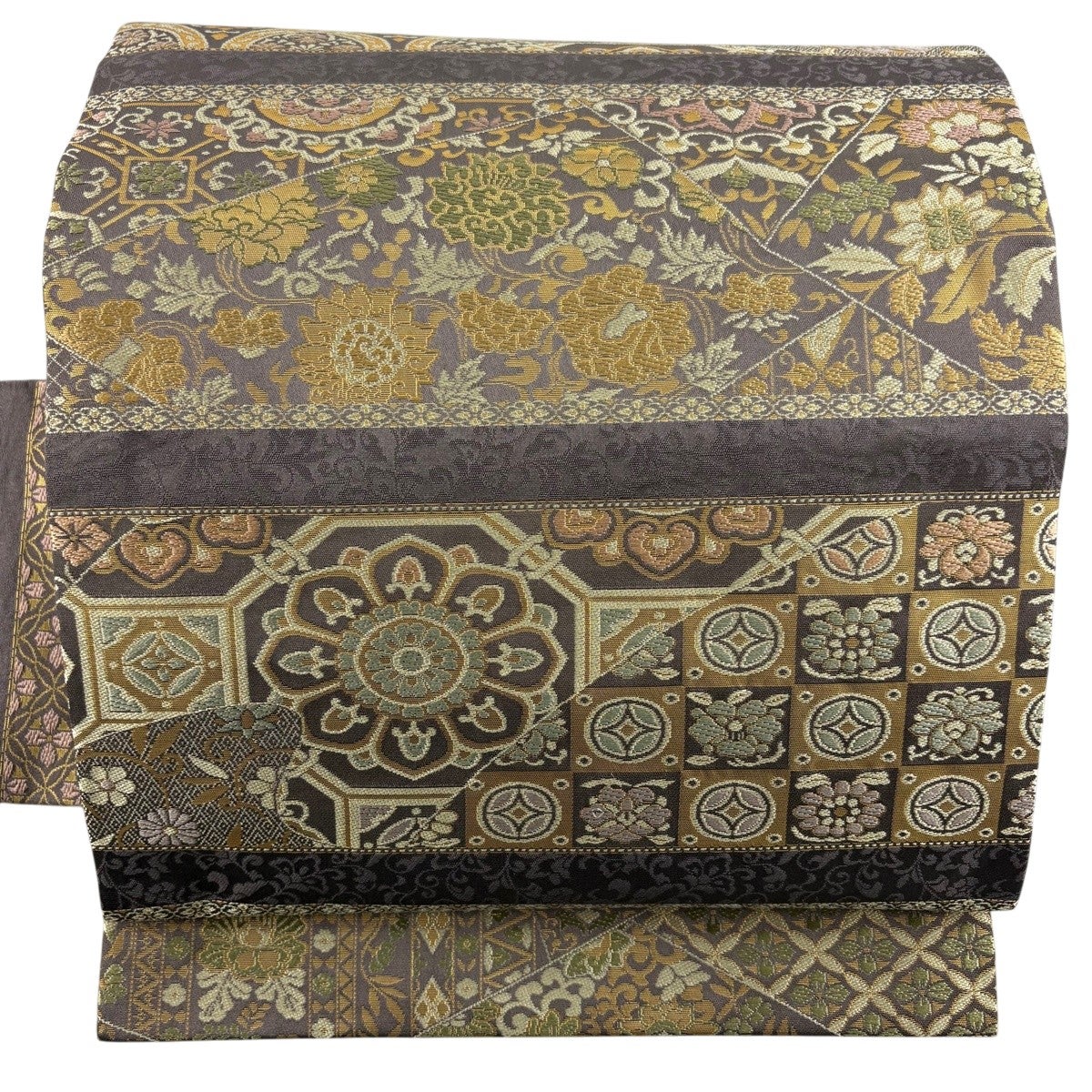 名古屋帯 　作り帯　花唐草　段縞　箔　ベージュ系　ゴールド系 美品】 名古屋帯 秀品 箔屋清兵衛 落款あり 華文 花唐草 箔 灰紫 正絹