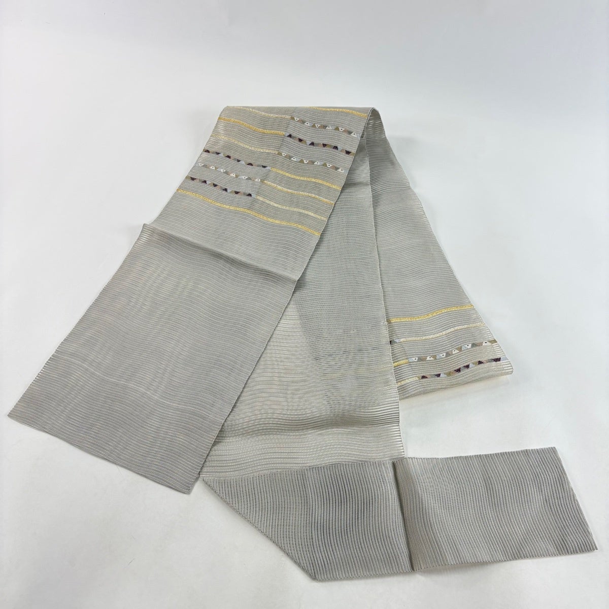 美品】 名古屋帯 秀品 八寸名古屋帯 松葉仕立て 夏帯 よろけ縞 幾何学