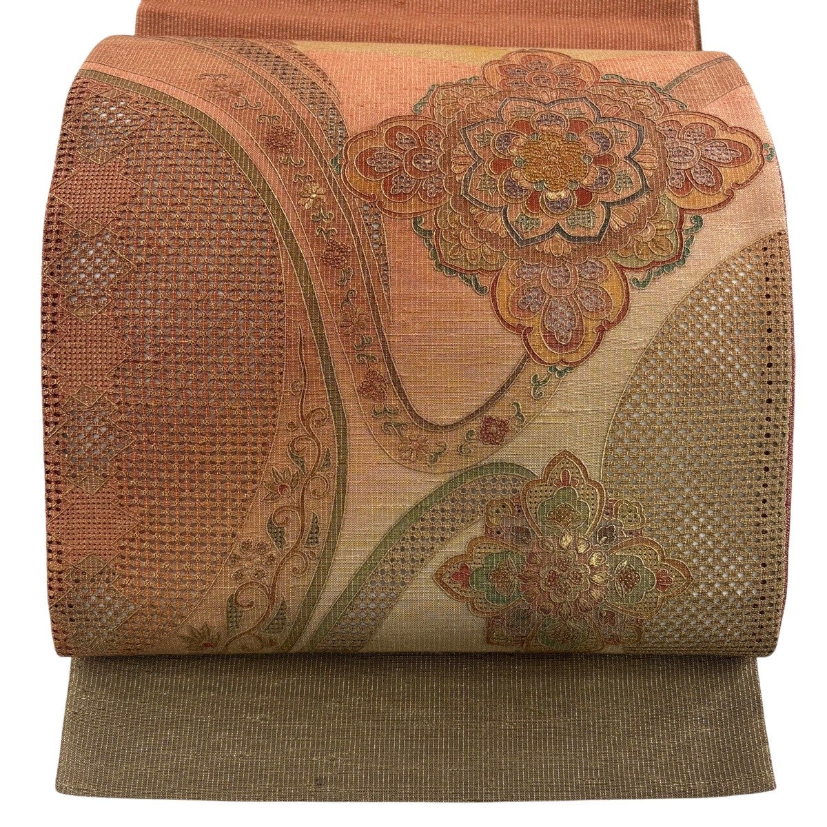 美品】 袋帯 秀品 華文 花唐草 刺繍 金糸 薄オレンジ お太鼓柄 正絹