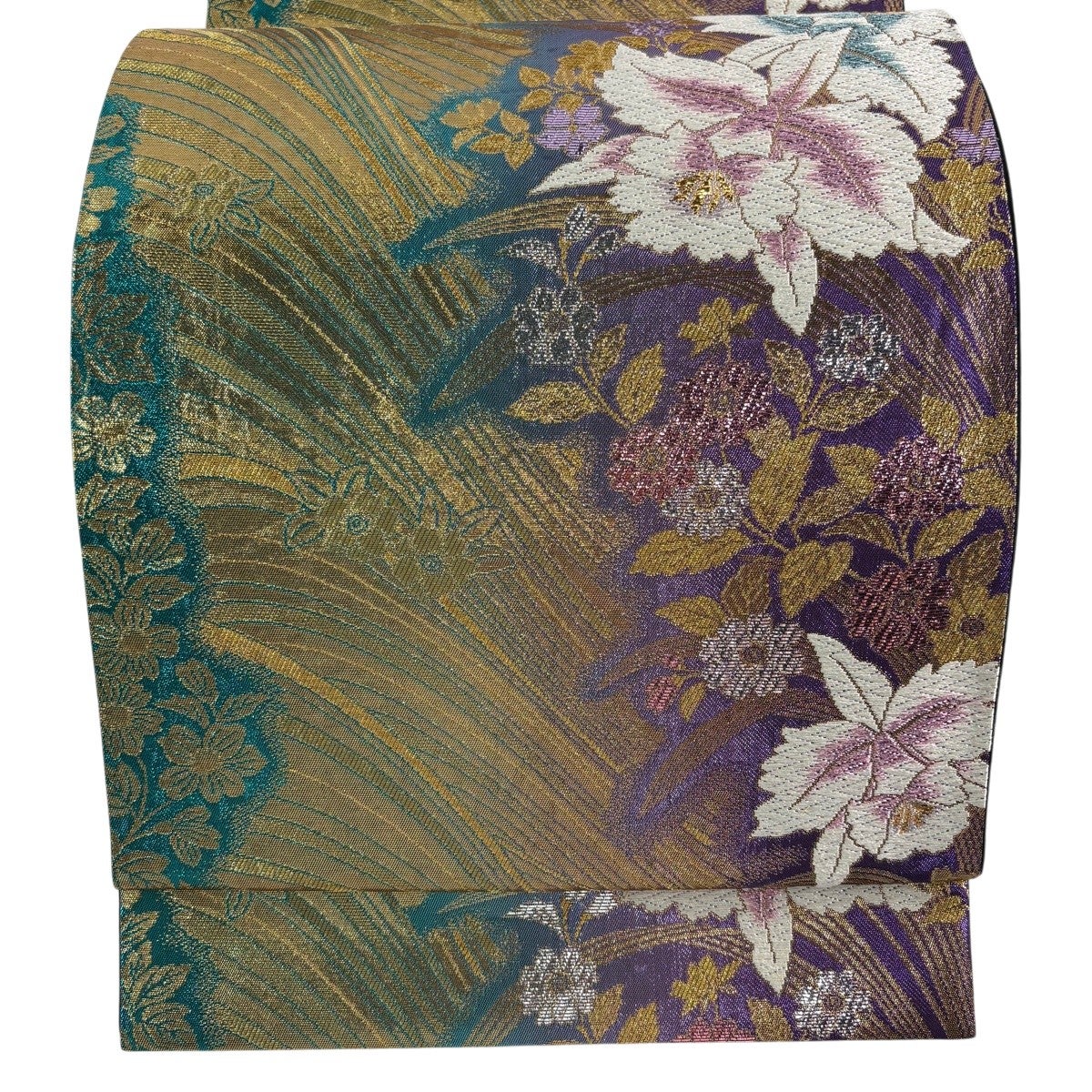 美品】 袋帯 秀品 振袖向き 草花 金銀糸 箔 青緑 六通 正絹｜中古