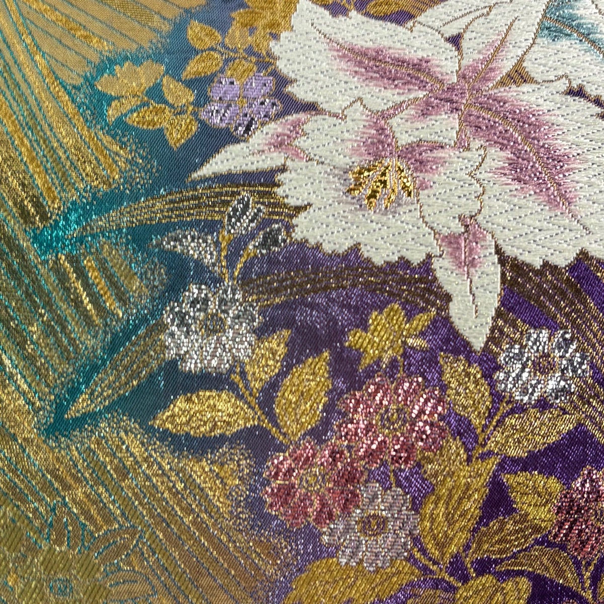 美品】 袋帯 秀品 振袖向き 草花 金銀糸 箔 青緑 六通 正絹｜中古