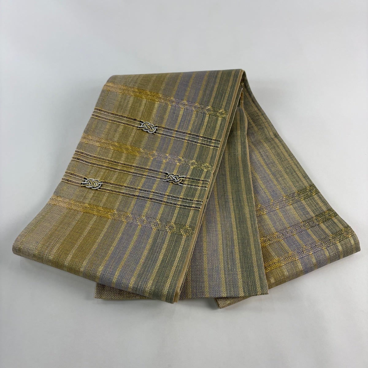 美品】 袋帯 秀品 縞 結び柄 金銀糸 灰緑 お太鼓柄 正絹｜中古・古着