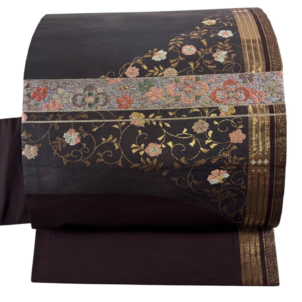 織りの薄手八寸名古屋帯（縞に古典花文）正絹美品 美品】 名古屋帯 名品 八寸名古屋帯 草花 縞 箔 薄茶色 正絹｜中古