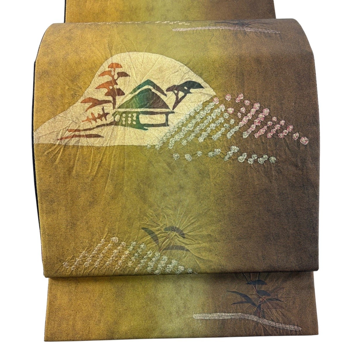 袋帯 逸品 落款あり 牛首紬 鈴乃屋 松竹梅 七宝 金銀彩 山吹茶色 全通